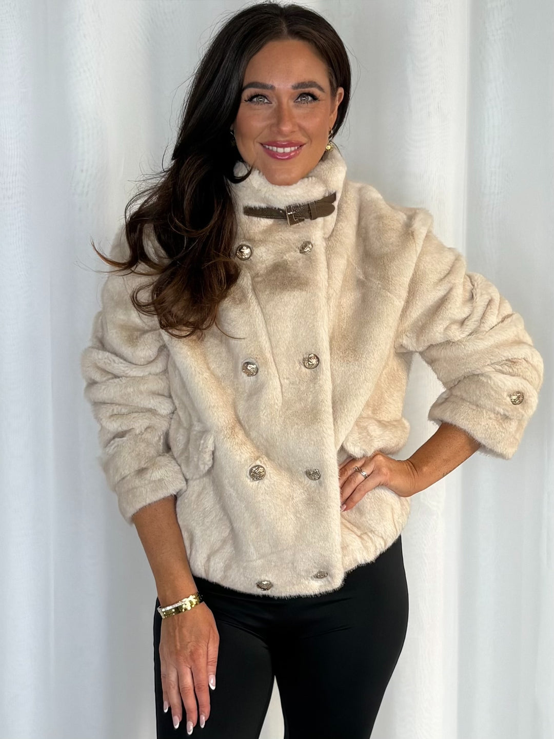 Faux Fur Funnel Neck Belt Collar With Gold Button Detail Jacket (2 Colours)