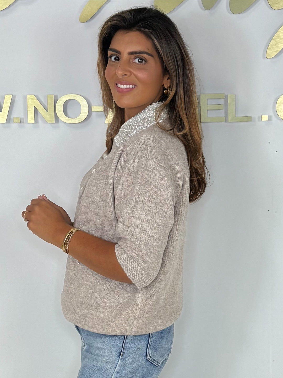 Short Sleeve Diamante Collared Knit Jumper (7 Colours)