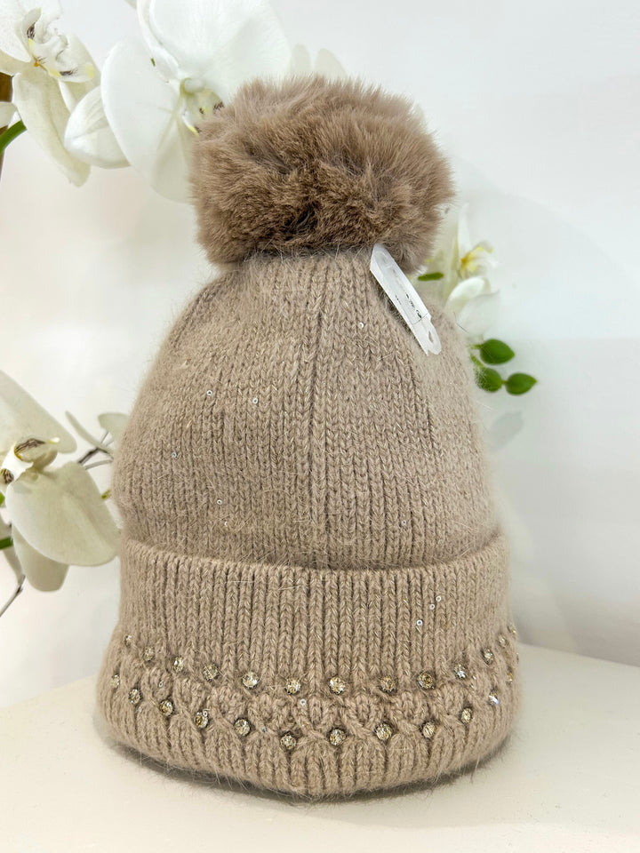 Knit Diamante Sequin Detail Bobble Hat (3 Colours)