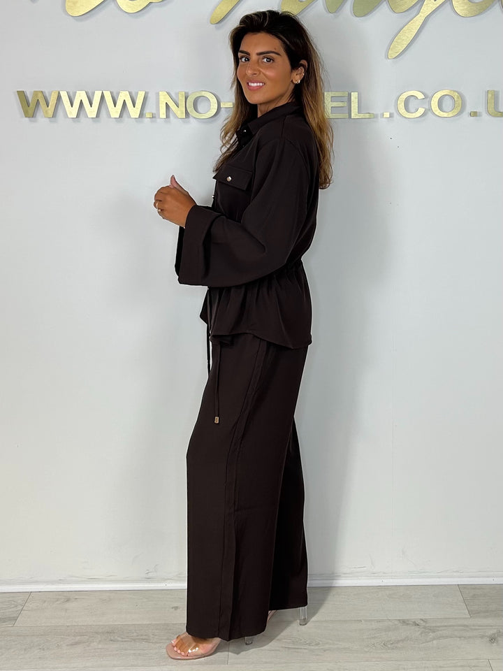 Long Sleeve Button Up Drawstring Waist Shirt & Trouser Co-Ord (2 Colours)