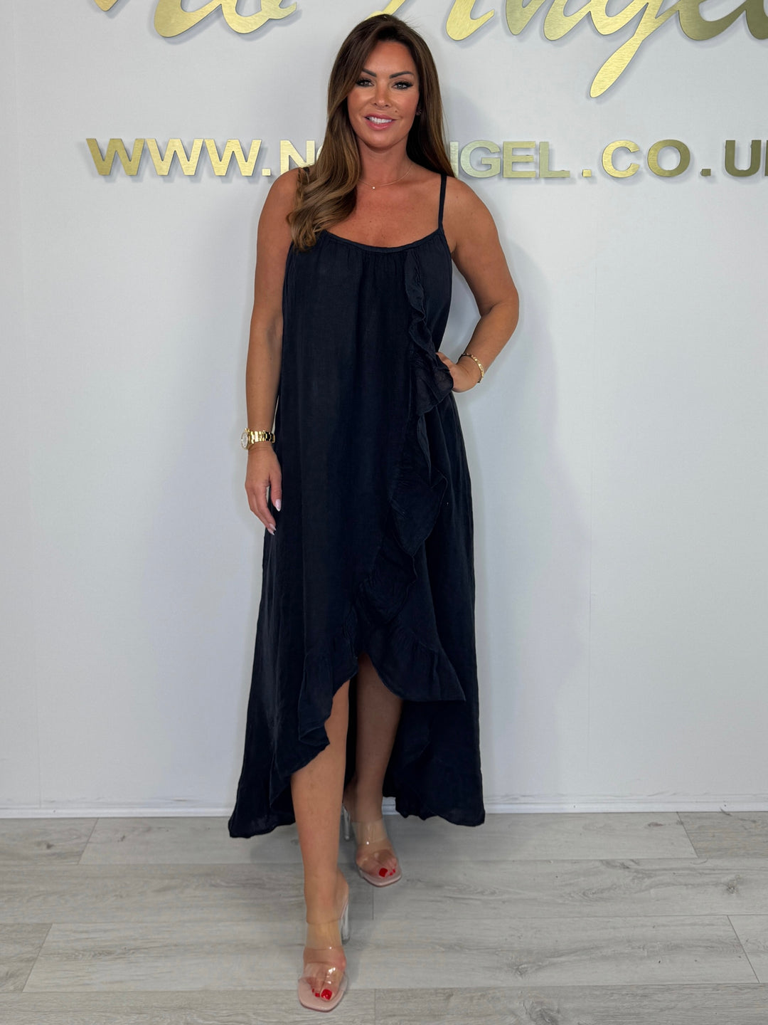Linen Spaghetti Ruffle Detail Maxi High Low Dress (3 Colours)