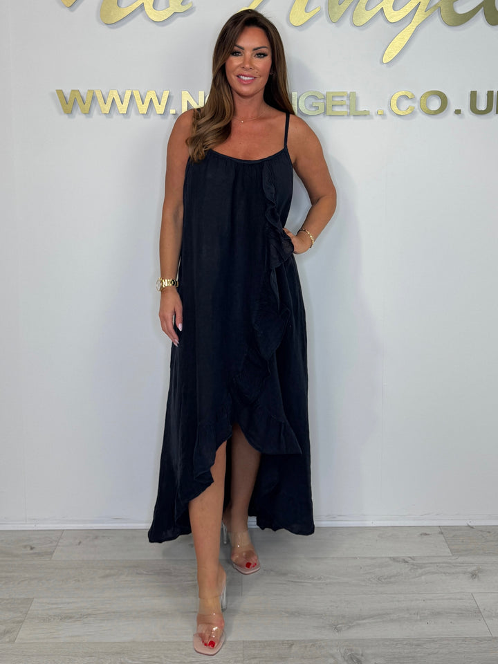 Linen Spaghetti Ruffle Detail Maxi High Low Dress (3 Colours)