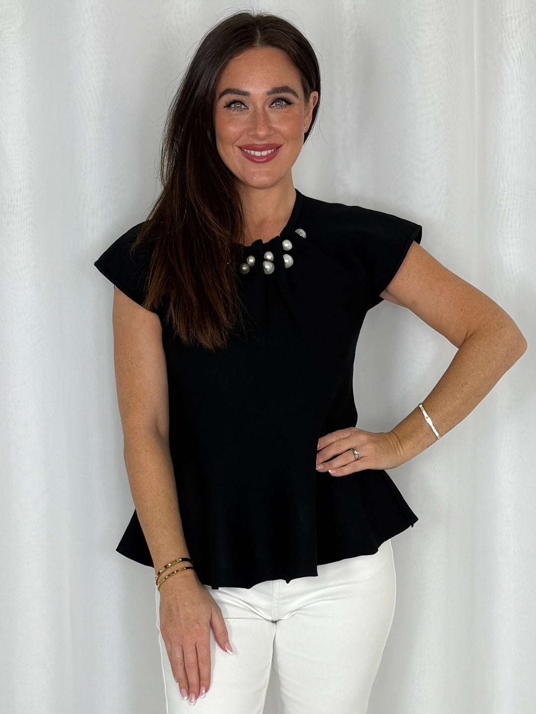 Pearl Detailed Neck Peplum Top (2 Colours)