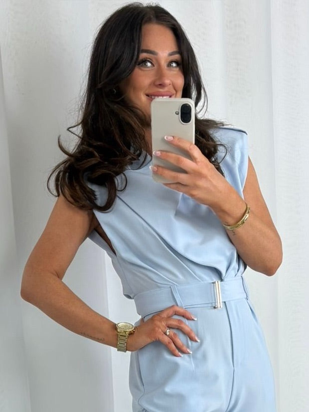 Blue Shoulder Pad Belted Jumpsuit