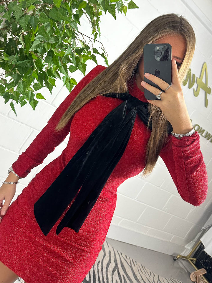 Shimmer Black Velvet Bow Mini Dress  (2 Colours)