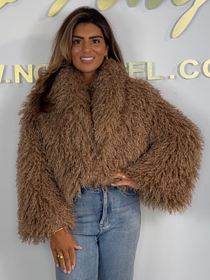 Faux Shaggy Fur Cropped Collared Coat