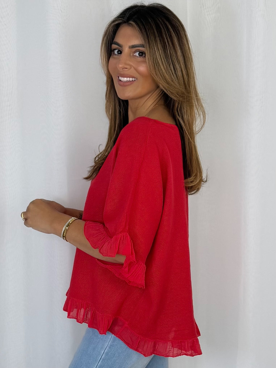 Frill Trim Batwing Top (10 Colours)