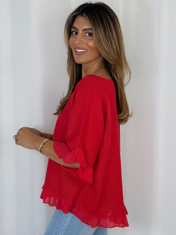 Frill Trim Batwing Top (10 Colours)