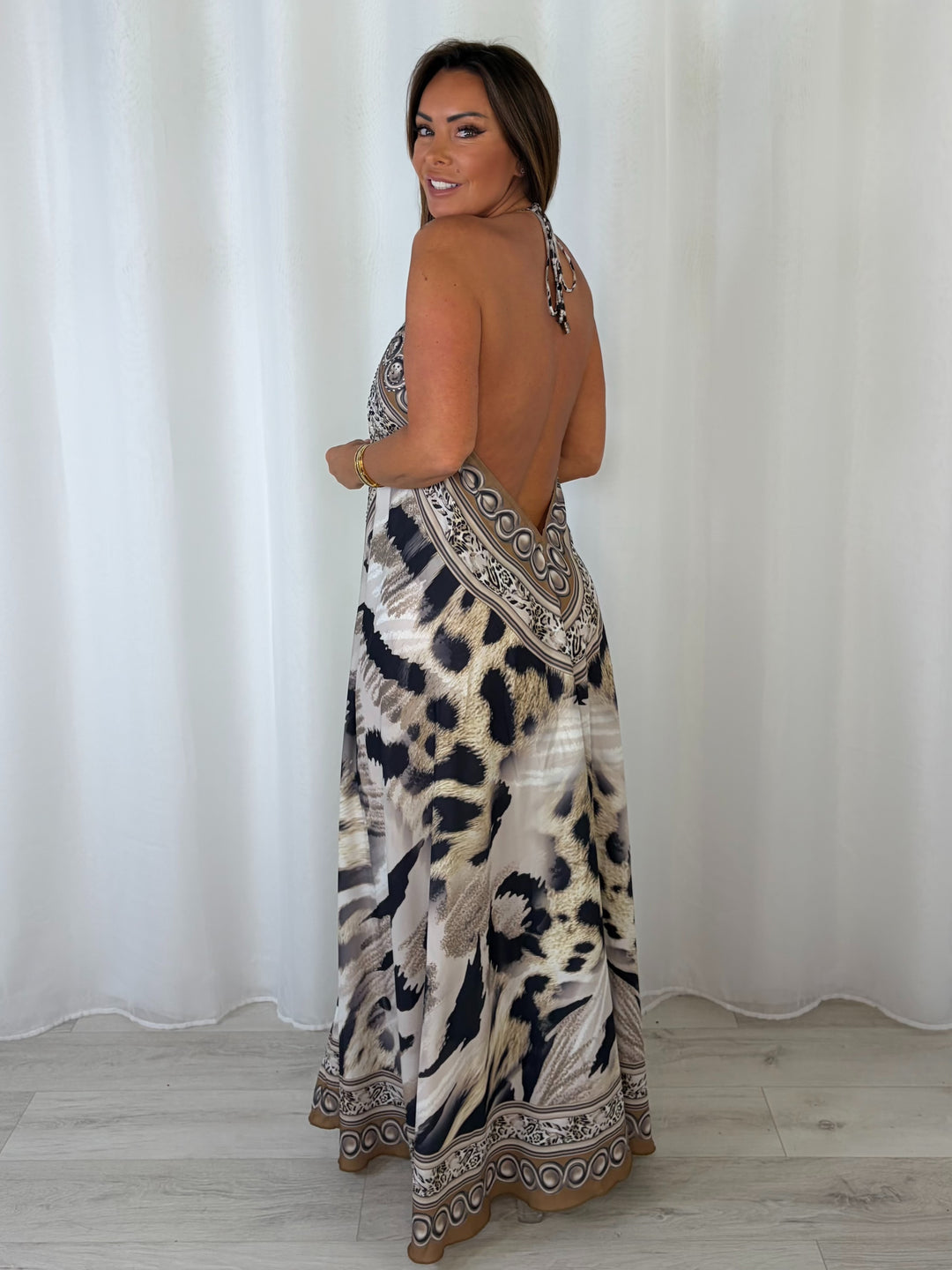 V-Neck Jewelled Printed Low Back Maxi Dress (2 Colours)