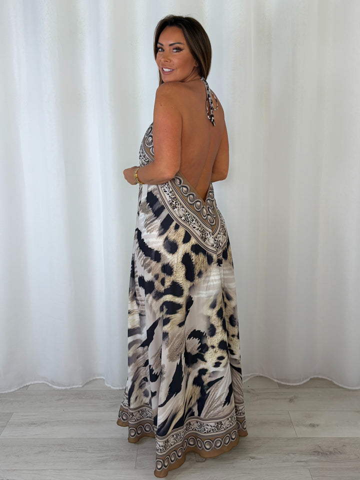 V-Neck Jewelled Printed Low Back Maxi Dress (2 Colours)