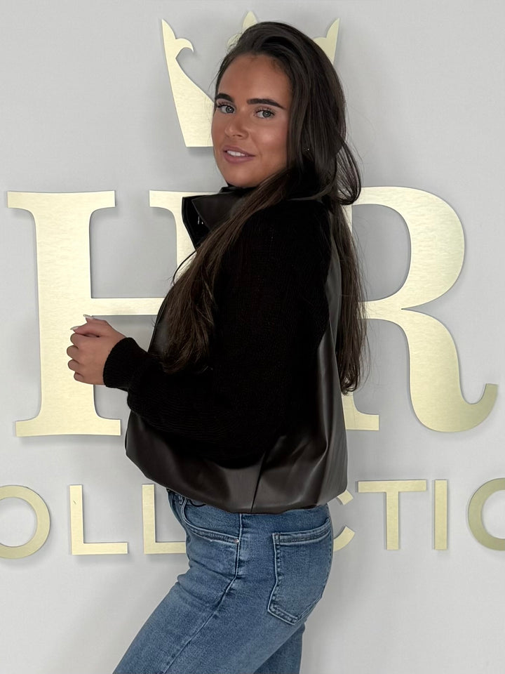 Funnel Neck Faux Leather Cable Knit Arm Jacket (2 Colours)
