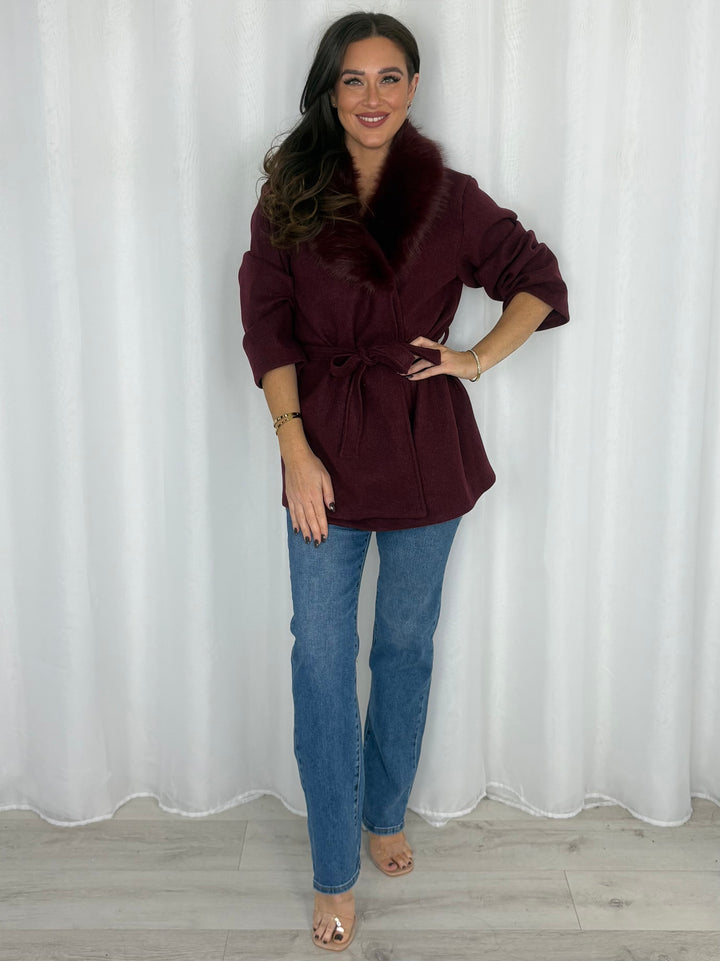 Faux Fur Collar Belted Wrap Cardigan