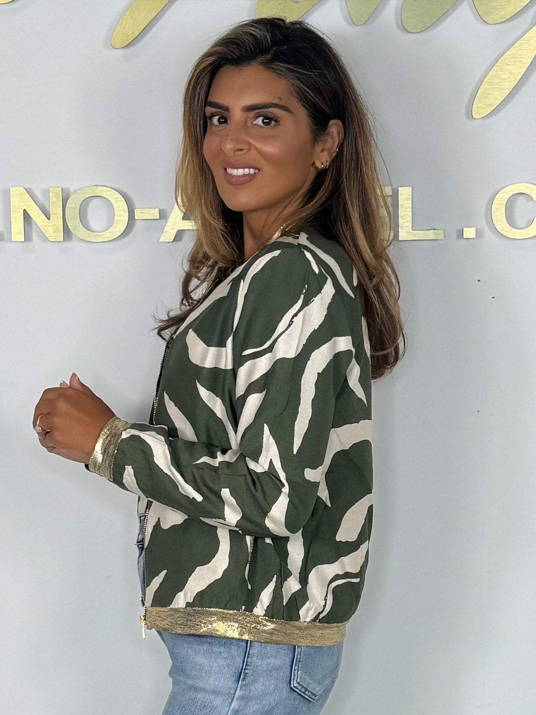 Printed Gold Trim Zip Up Bomber Jacket (2 Colours)