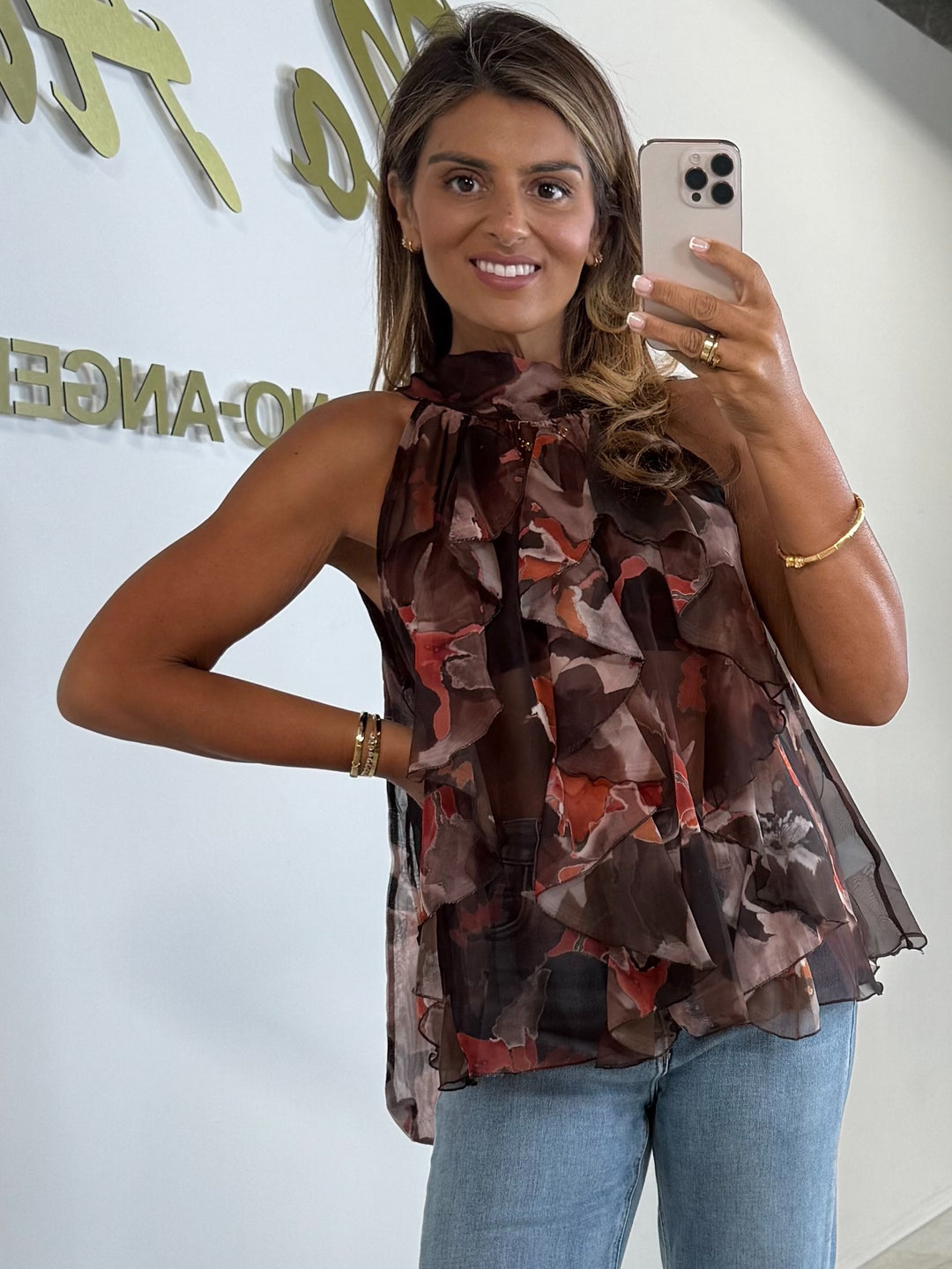Printed Halter Neck Ruffle Sleeve Top (3 Colours)