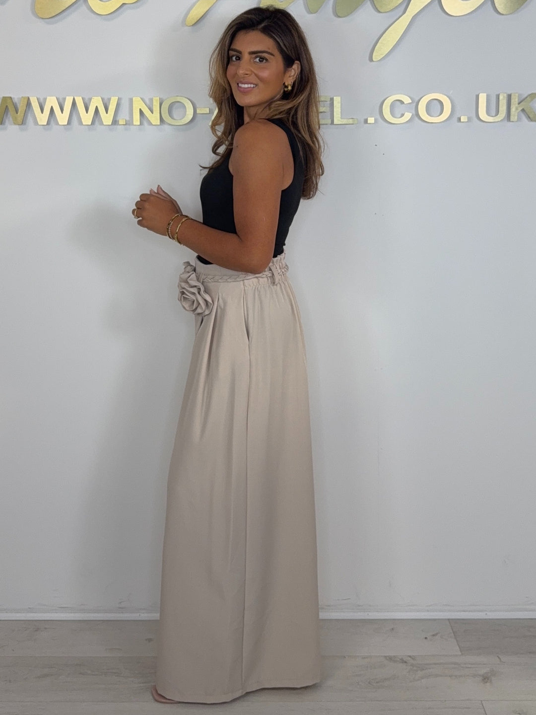 Wide Leg Plaited Belt Detail Flower Broach Trousers (4 Colours)