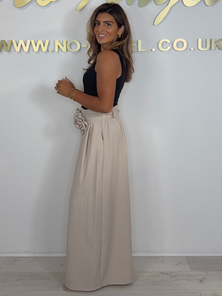 Wide Leg Plaited Belt Detail Flower Broach Trousers (4 Colours)