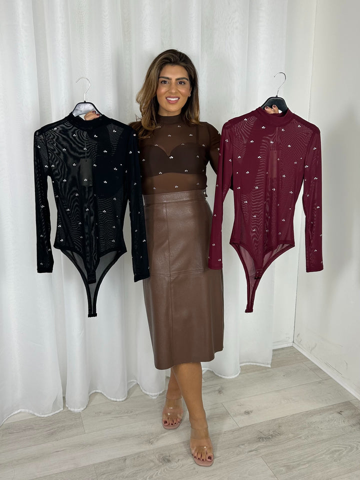 Sheer High Neck Scattered Jewelled Bodysuit (3 Colours)