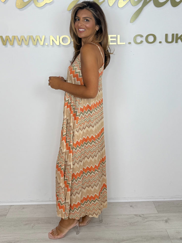 Multicoloured ZigZag Shimmer Detail Spaghetti Strap Pleated Maxi Dress (3 Colours)