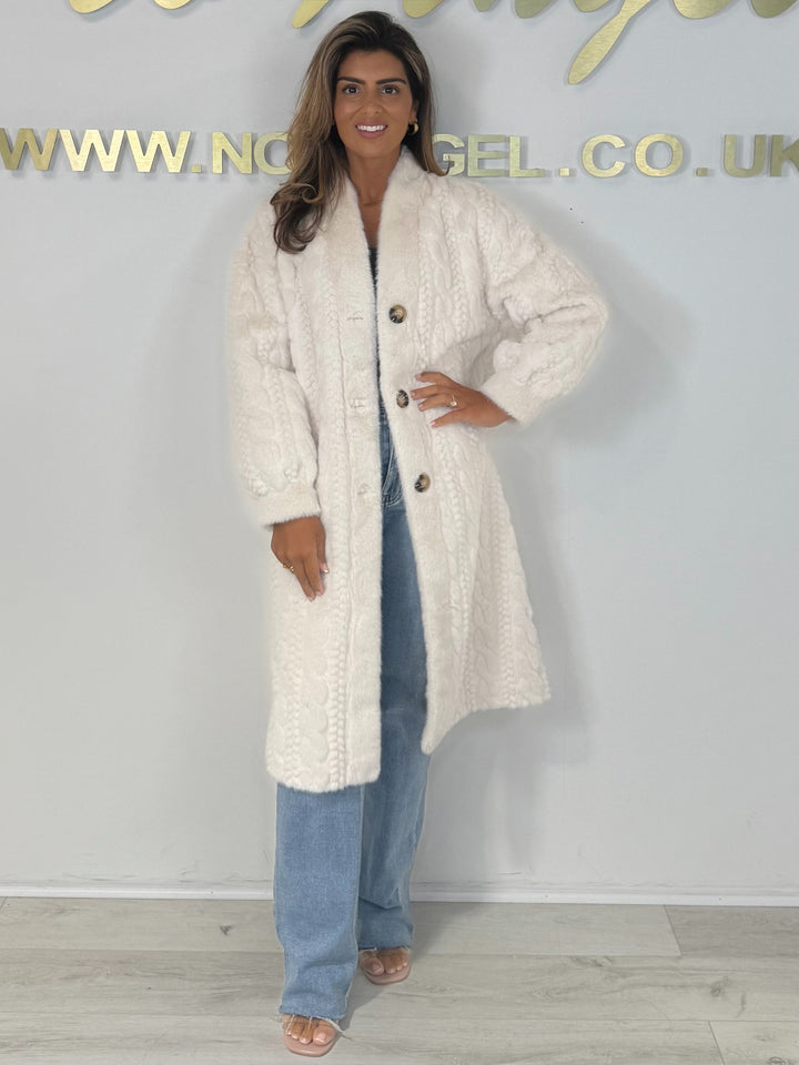 Faux Fur Cable Design Button Up Longline Jacket (4 Colours)