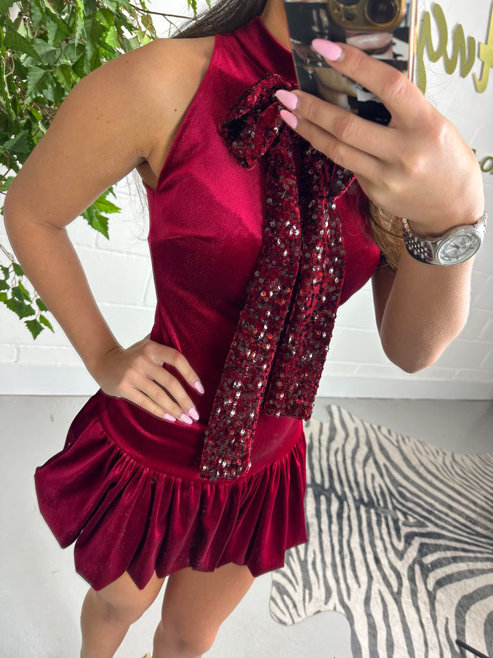 Velvet Puff Bottom Sequin Bow Mini Dress (3 Colours)
