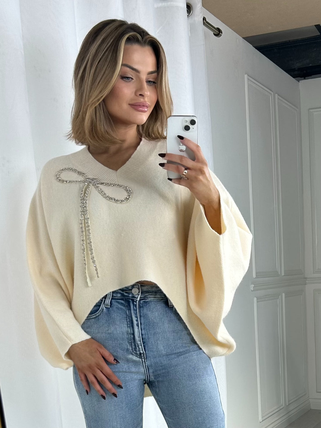 V-Neck Batwing Diamante Bow High Low Jumper (4 Colours)