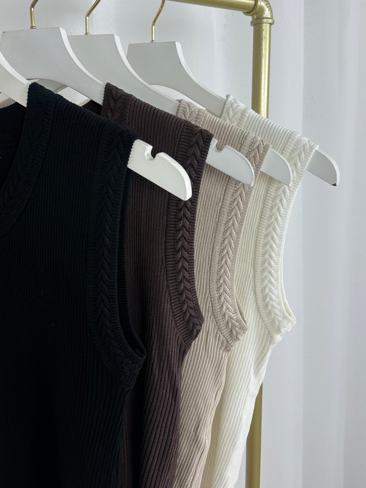 Plait Trim Ribbed Round Neck Sleeveless Top (4 Colours)