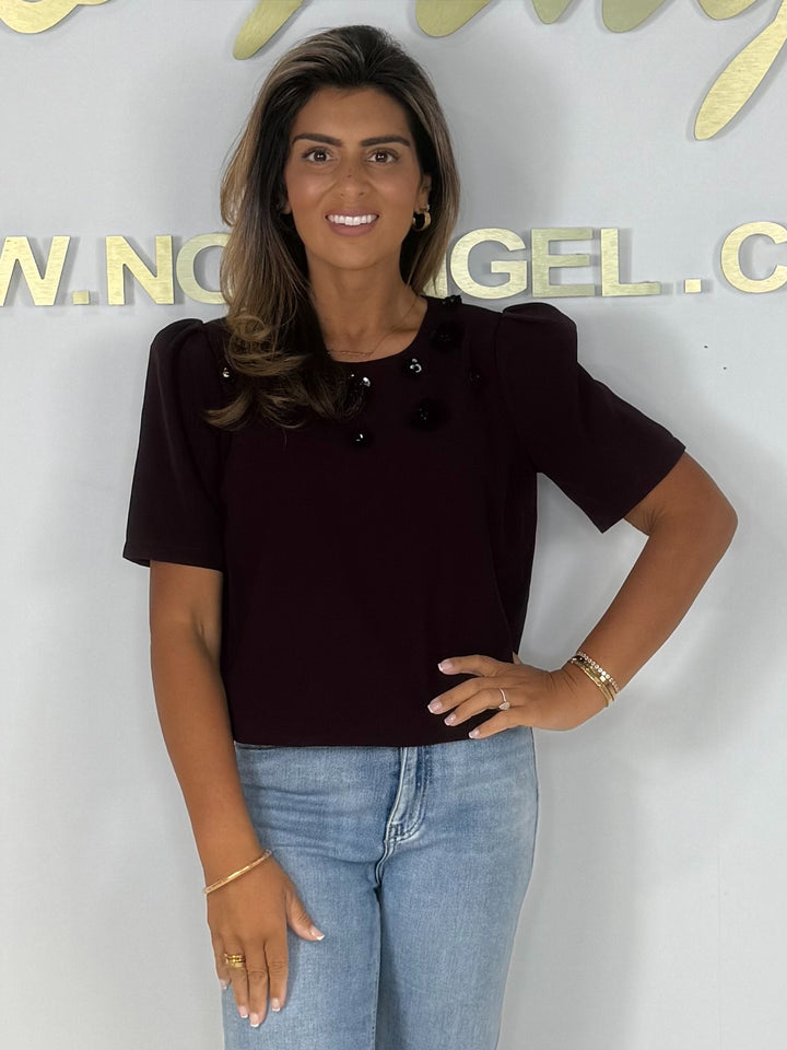 Short Puff Sleeve Sequin Flower Detail Top (4 Colours)