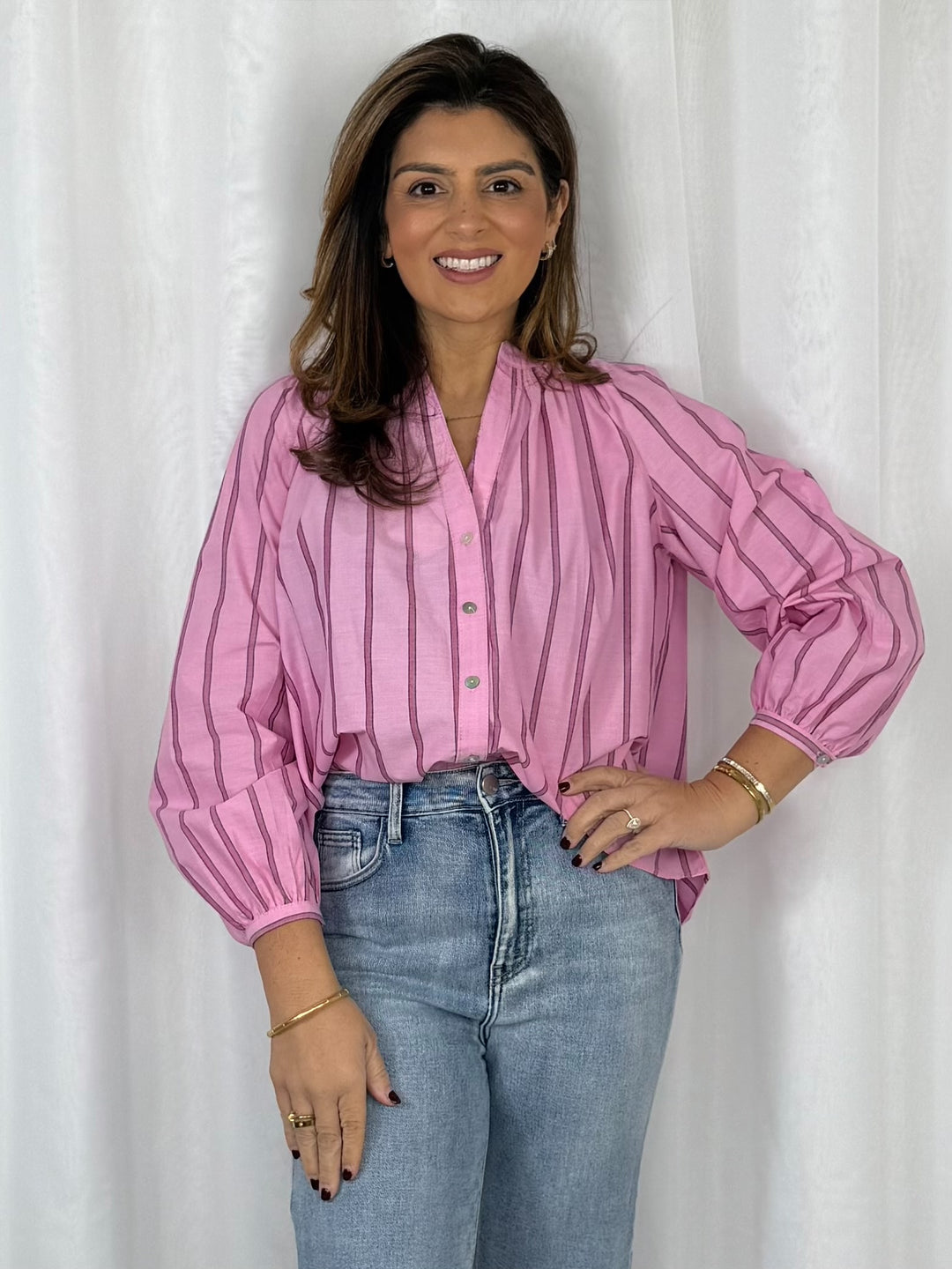Grandad Collar Stripe Balloon Sleeve Shirt (2 Colours)