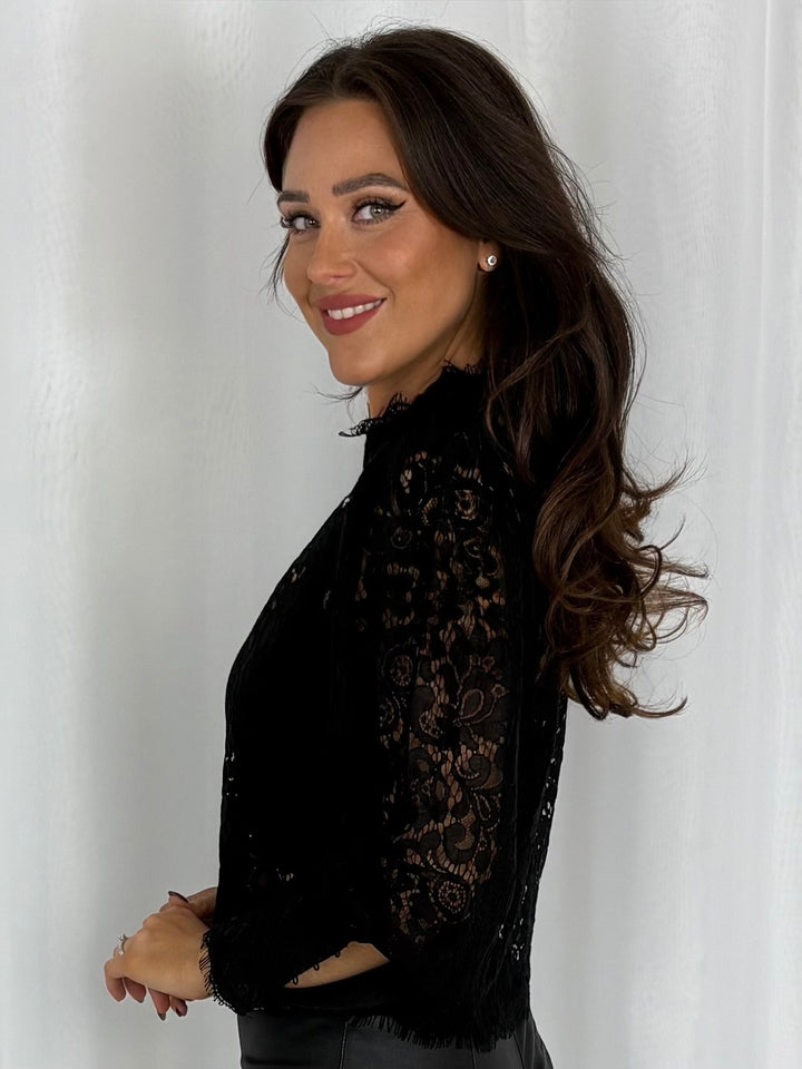 Black Sheer Floral Puff Sleeve Blouse