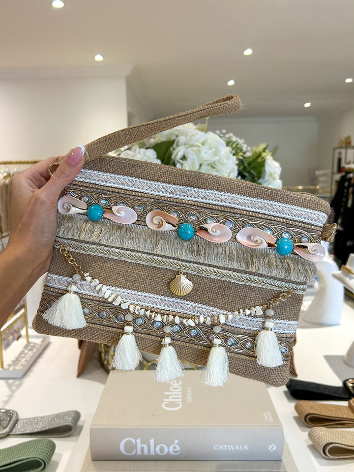 Tan Woven Pink Shell & White Tassel Clutch Bag