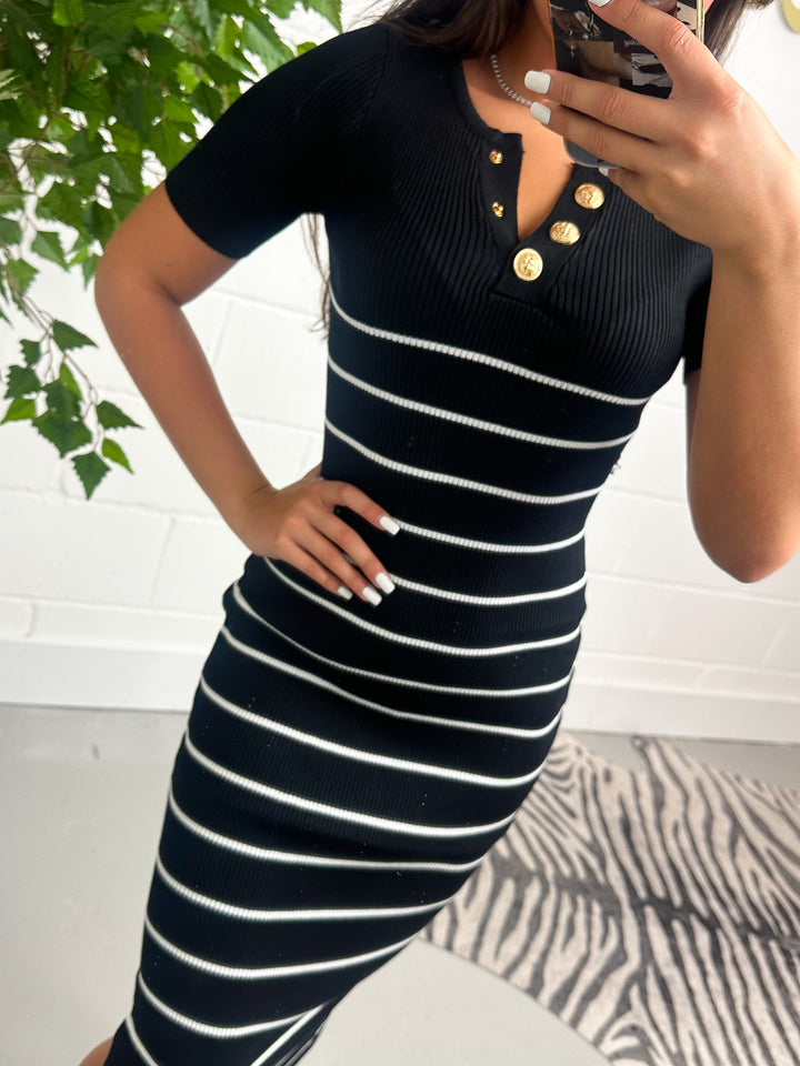 Thin Striped Gold Button Midi Dress (2 Colours)
