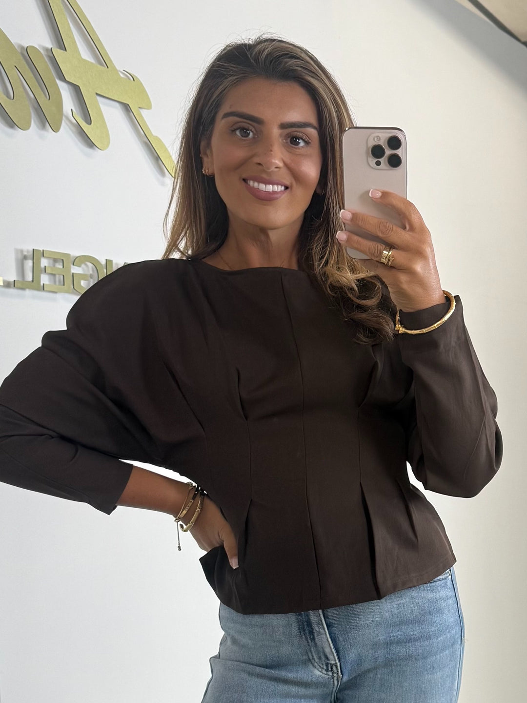 Brown Round Neck Balloon Sleeve Corset Look Top