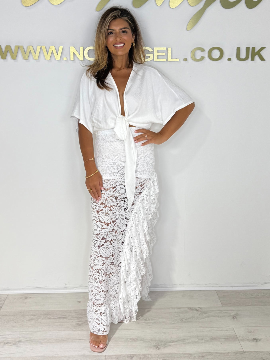 Tie Up Top & Lace Side Split Frill Maxi Skirt Co-ord (3 Colours)