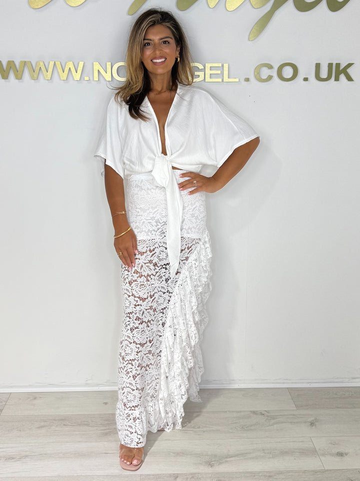 Tie Up Top & Lace Side Split Frill Maxi Skirt Co-ord (3 Colours)