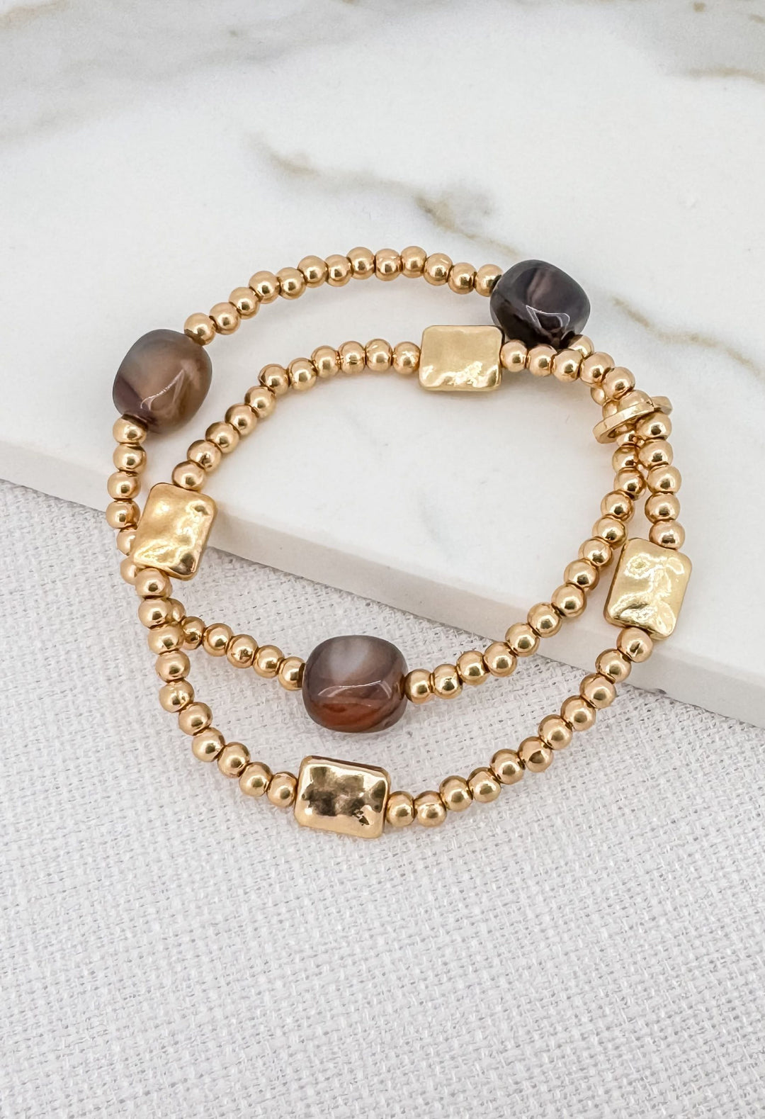 Gold Double Loop With Black/Brown Marble Detail Bracelet