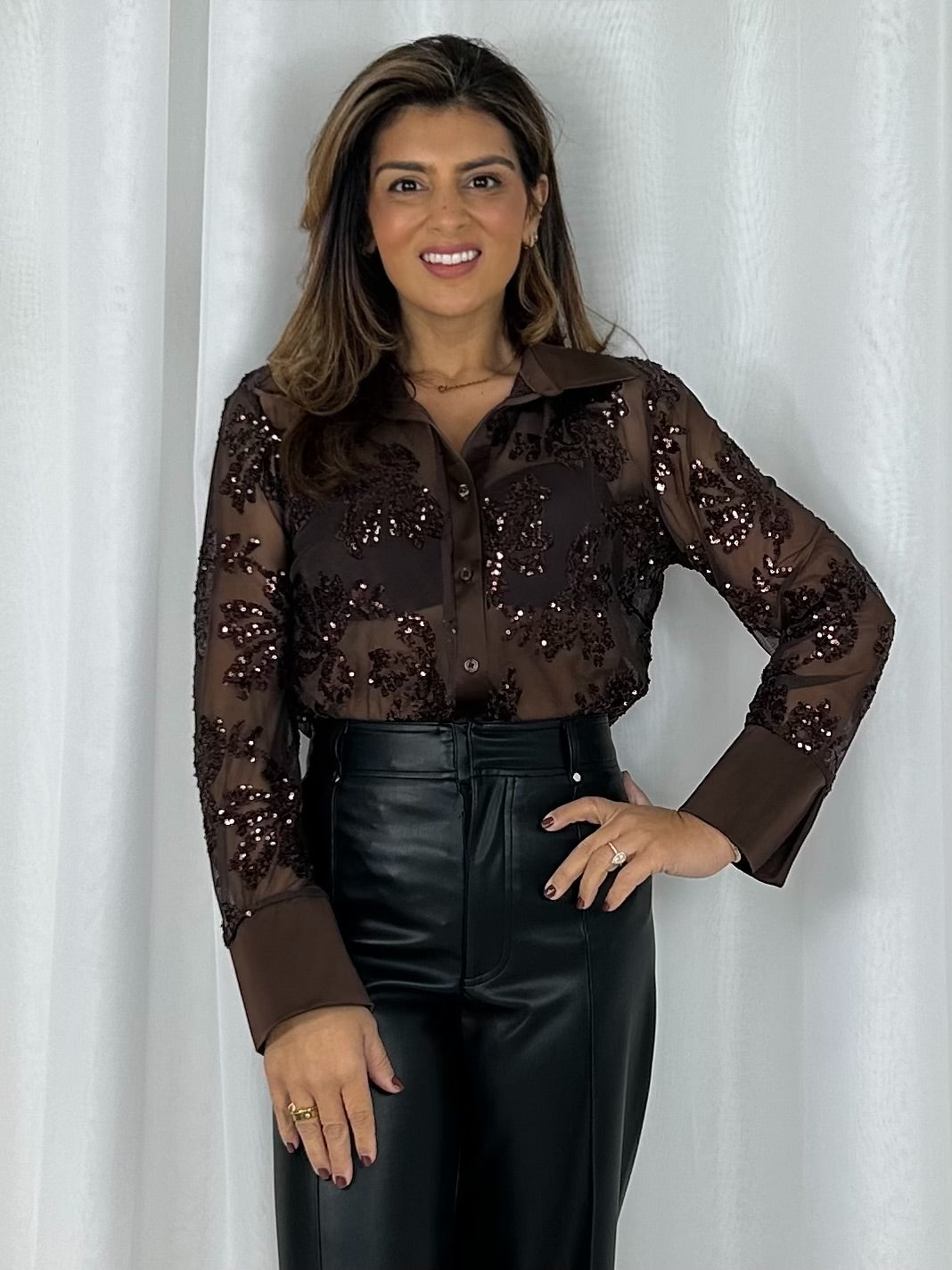 Collared Flower Sequin Detail Sheer Shirt (3 Colours)