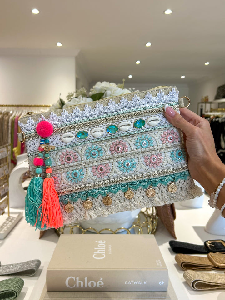 Neon Tassel Flower Embroidery Detail Clutch Bag