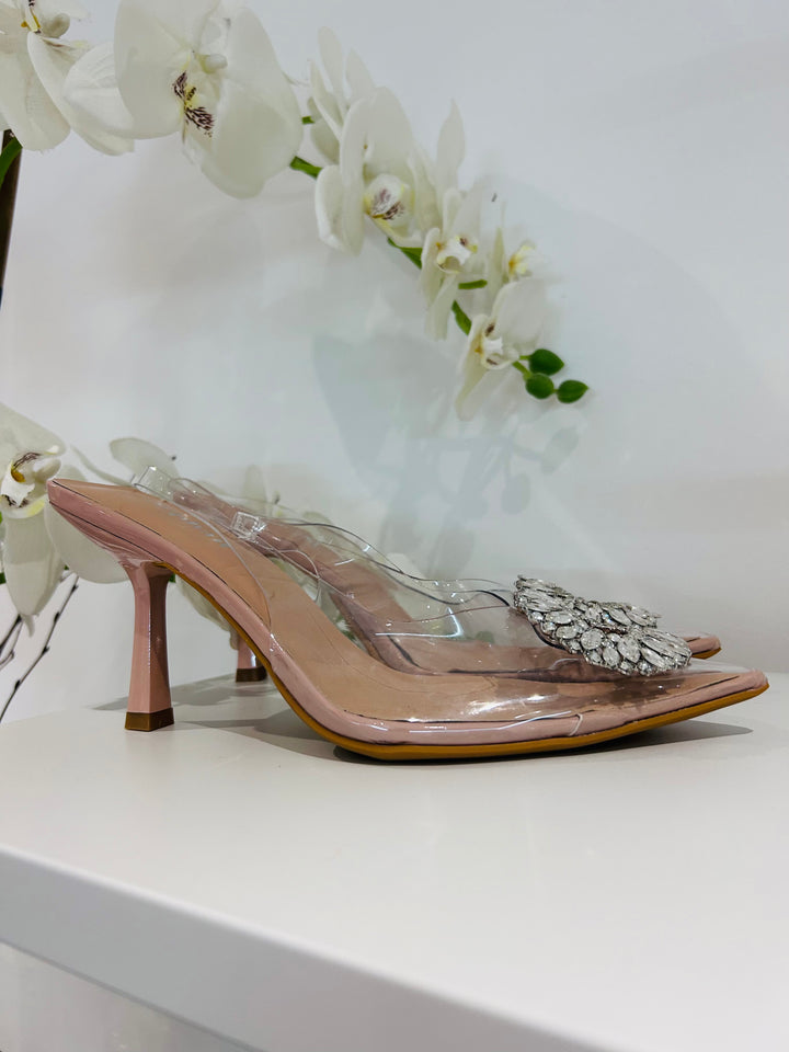 Pointed Clear Toe Nude Diamante Circle Heels