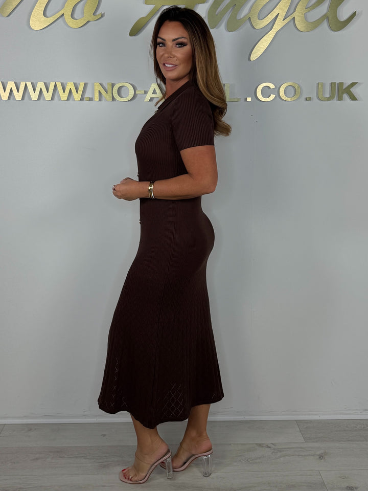 Ribbed Collared Gold Button Front Split Maxi Dress (2 Colours)
