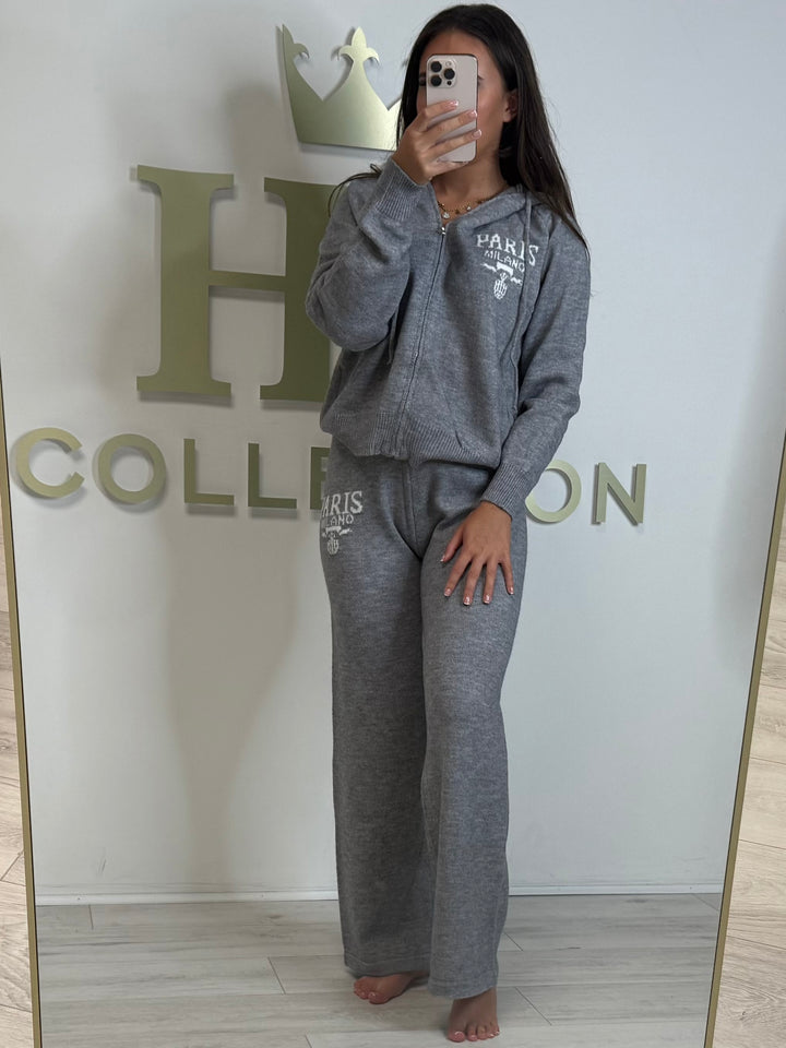 Soft Knit Embroidered Paris Hooded Zip Up Trouser Co-ord (2 Colours)