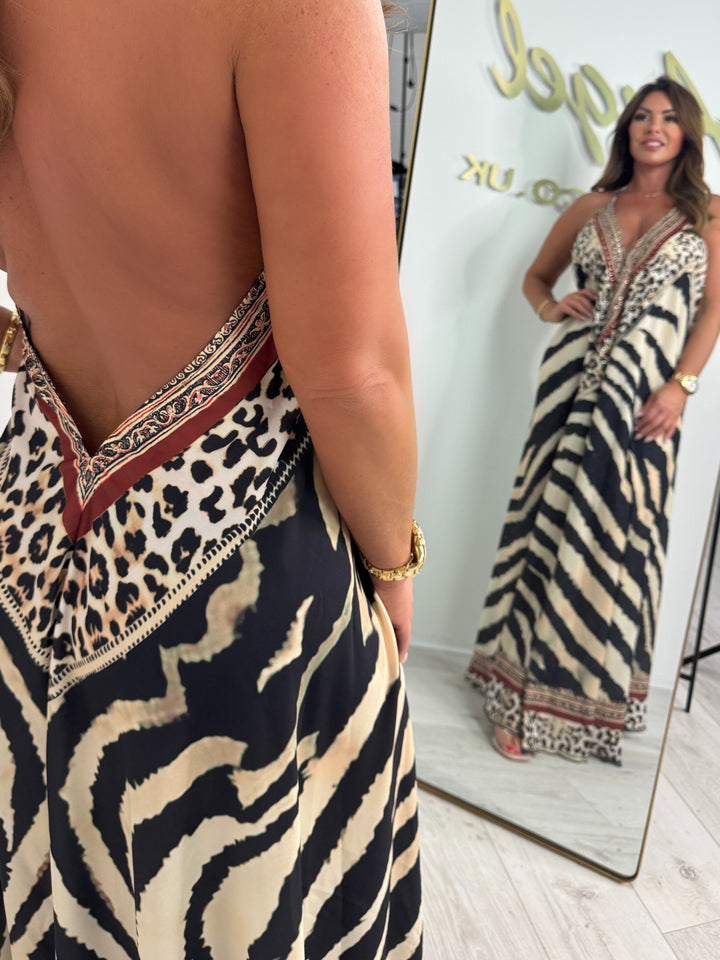 V-Neck Low Back Jewelled Detail Maxi Dress (2 Colours)