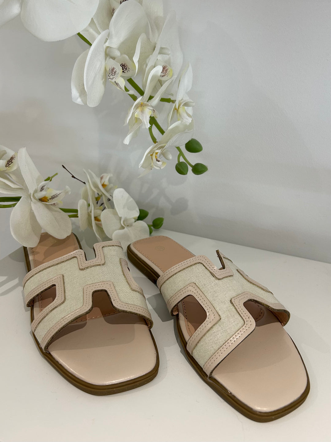 Block Canvas Faux Leather Trim Slider Style Sandal (2 Colours)
