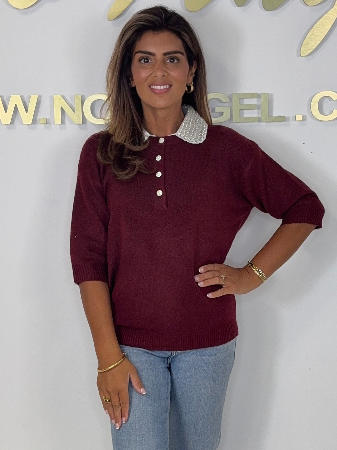 Short Sleeve Diamante Collared Knit Jumper (7 Colours)