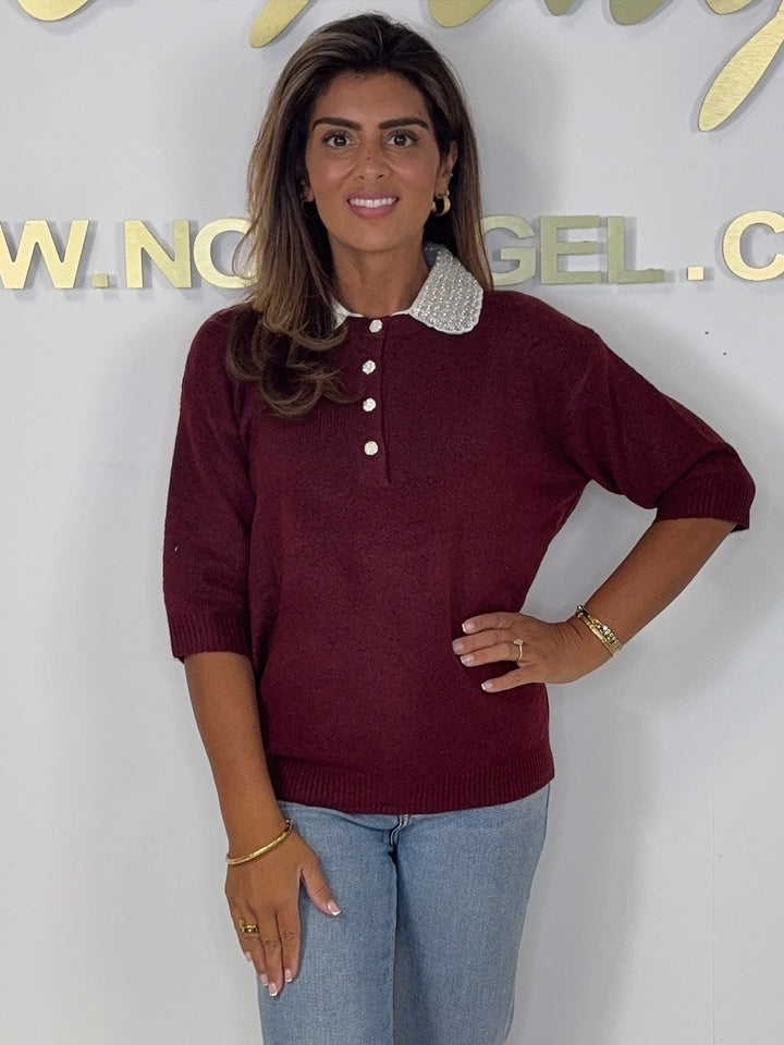 Short Sleeve Diamante Collared Knit Jumper (7 Colours)