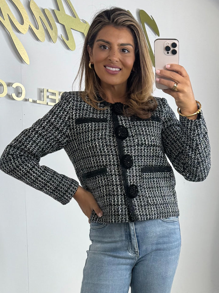 Black/White Tweed Flower Diamante Button Blazer