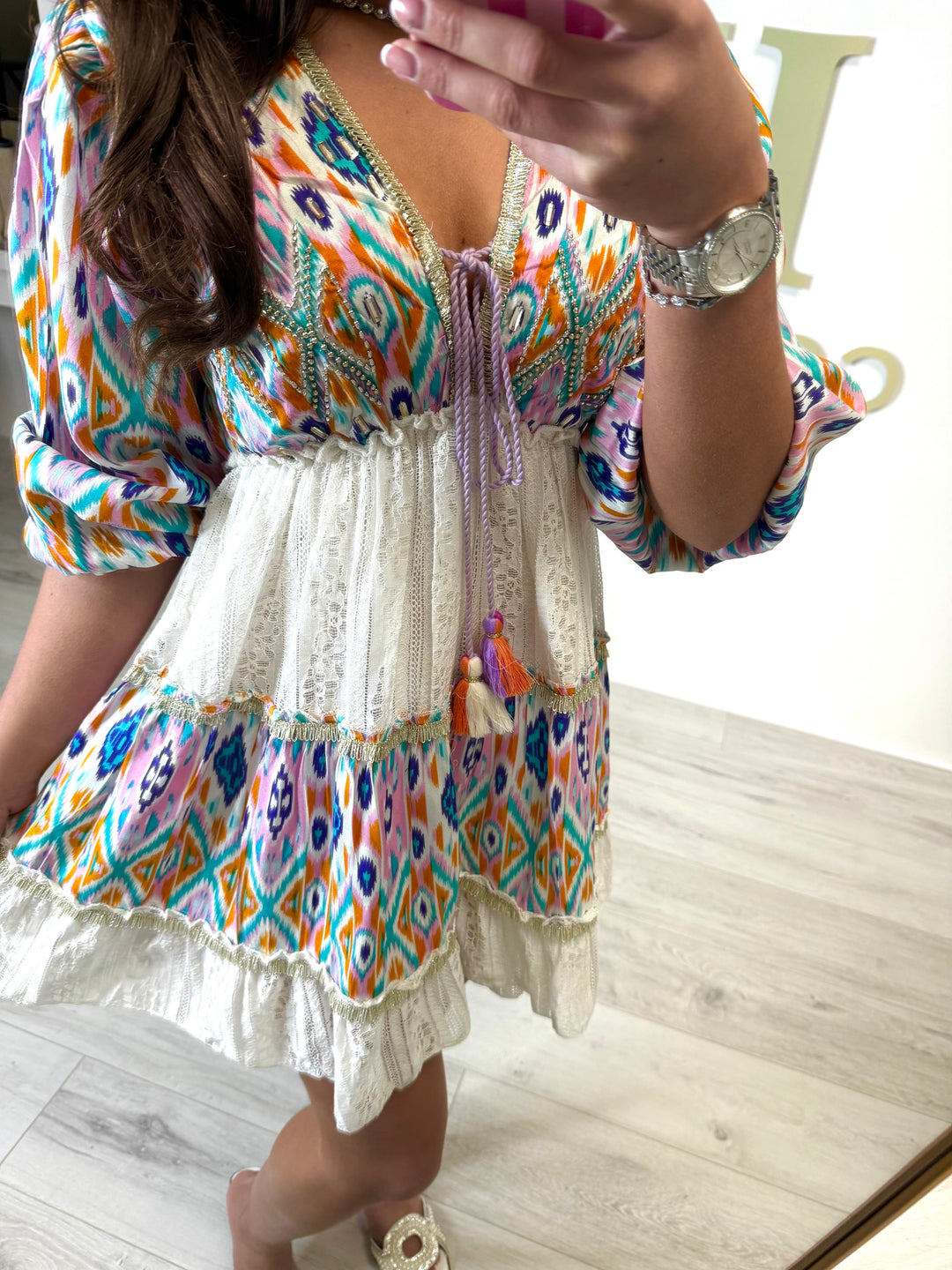 Multicoloured Beaded Layered Boho V-Neck Tassel Mini Dress