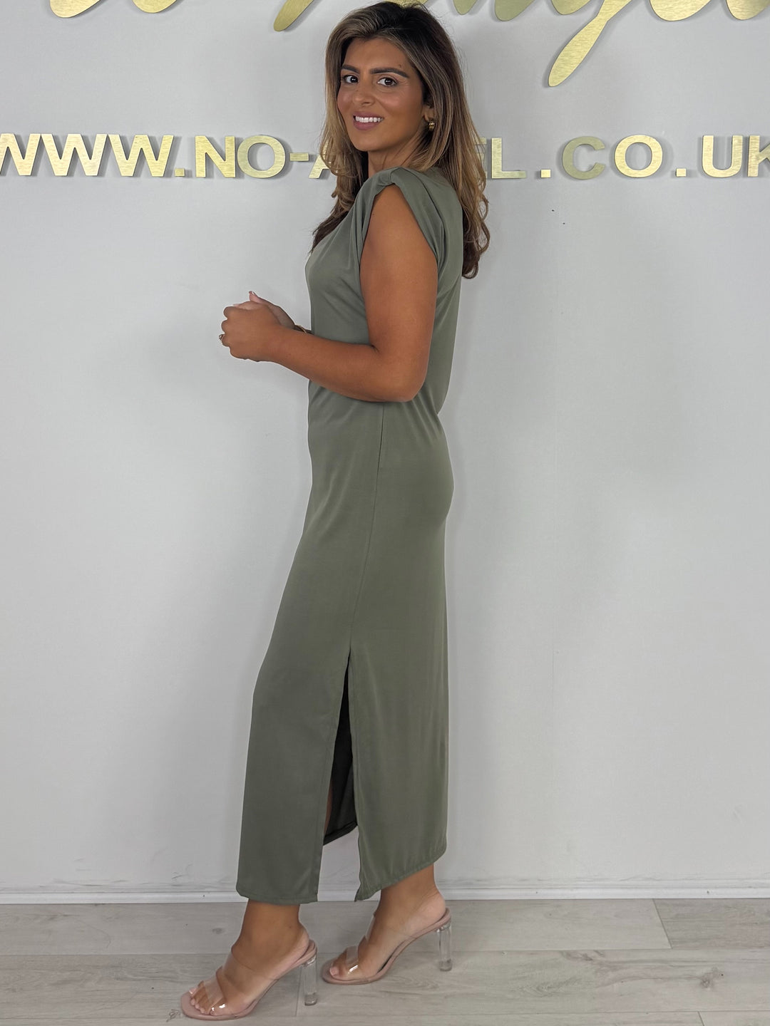 Round Neck Shoulder Pad Side Split Midi Dress (6 Colours)