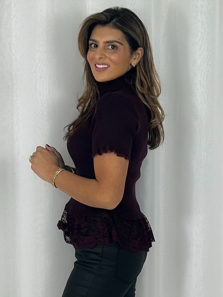 Lace Trim Ribbed High Neck Short Sleeve Top (4 Colours)