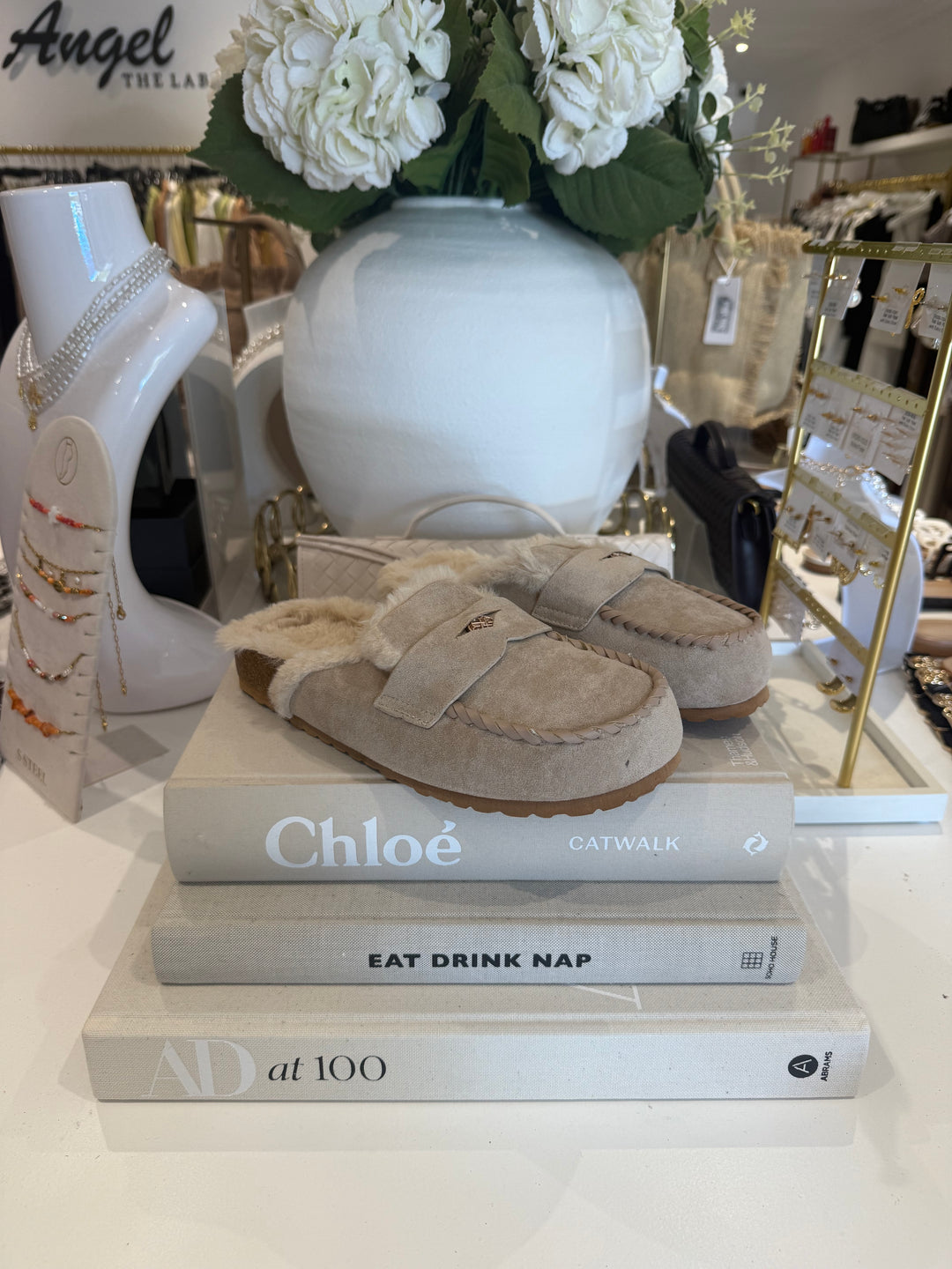 Beige Fluffy Backless Loafers