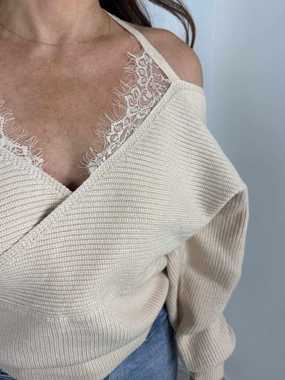 Beige Lace V-Neck Detailing Cross Over Ribbed Jumper